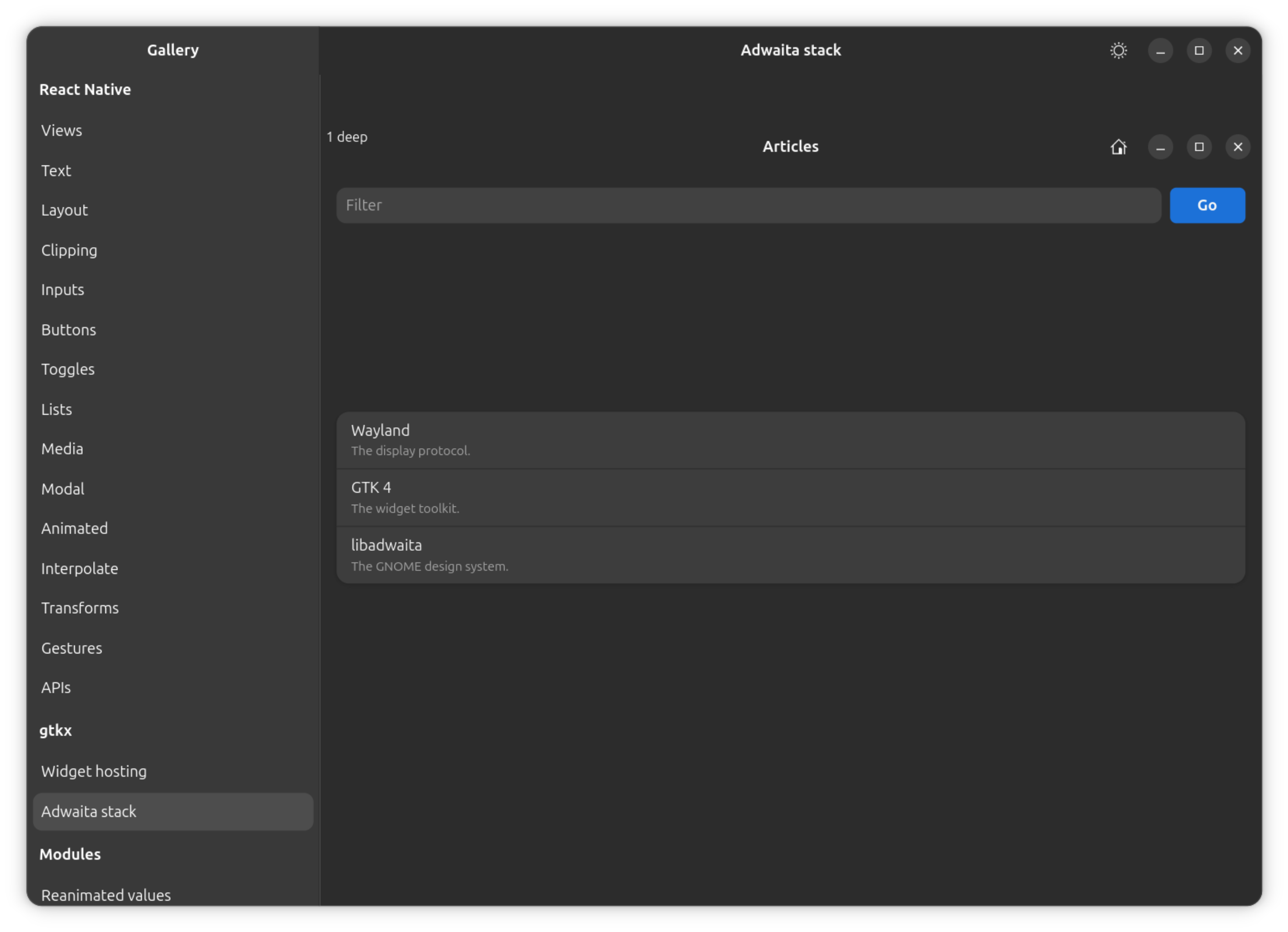 The gallery's Adwaita stack section: a real Adw.NavigationView push, with a native header-bar back button — the same primitive react-native-gtkx/navigation's stack navigator builds on.