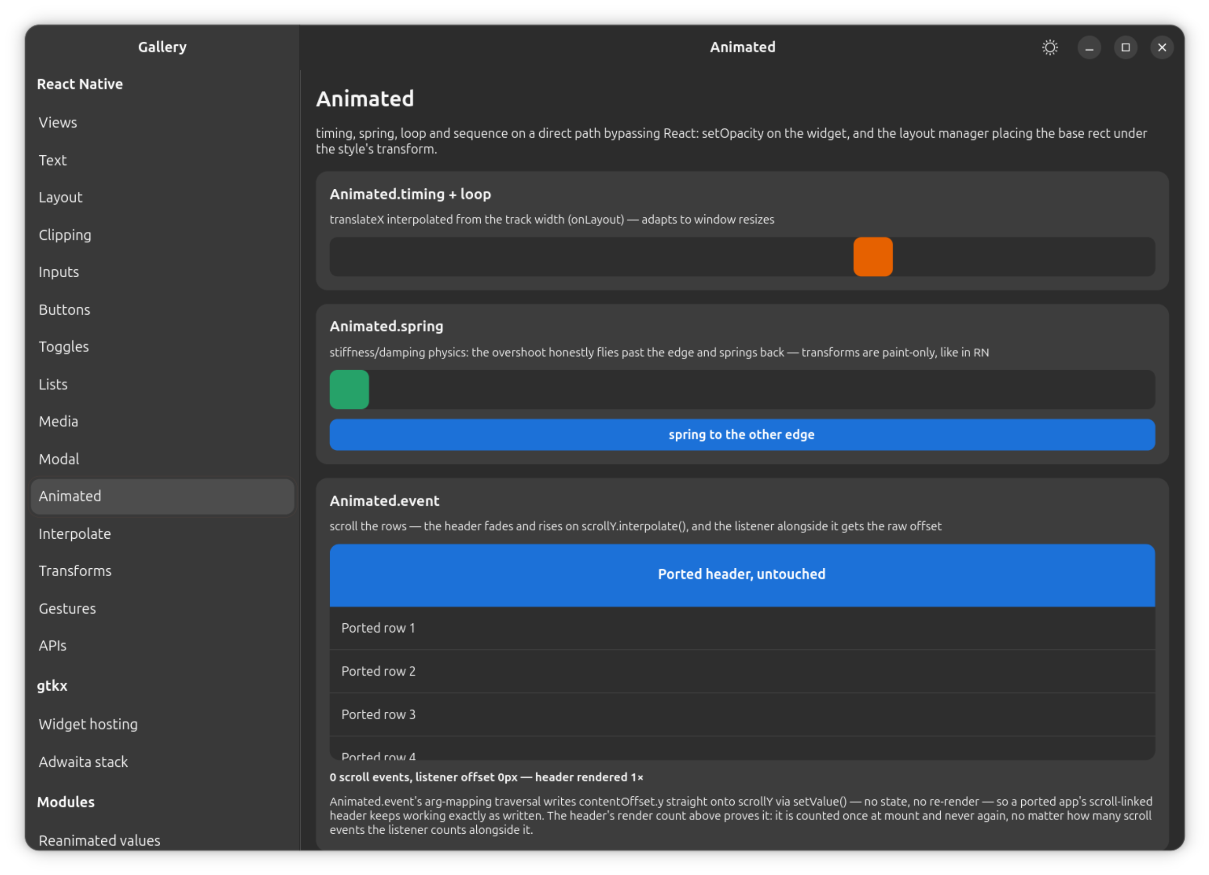 The gallery's Animated section: Animated.timing with looping, Animated.spring overshoot, and Animated.event driving a scroll-linked header.