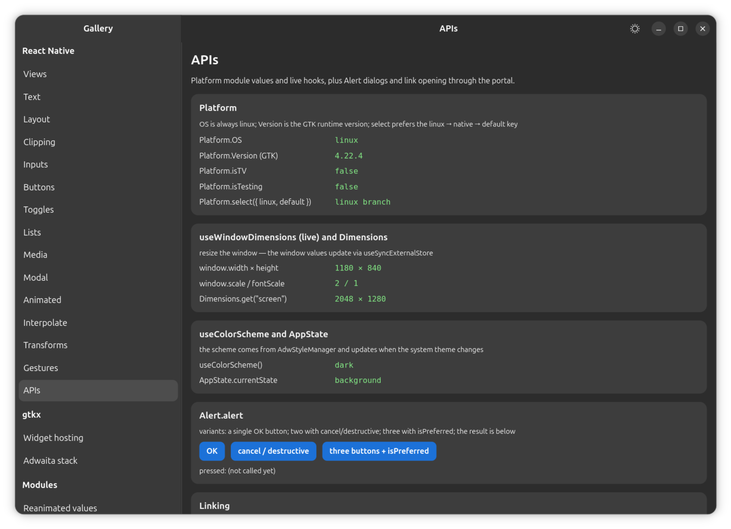 The gallery's APIs section: Platform, useWindowDimensions, useColorScheme/AppState and Alert.alert's button variants.
