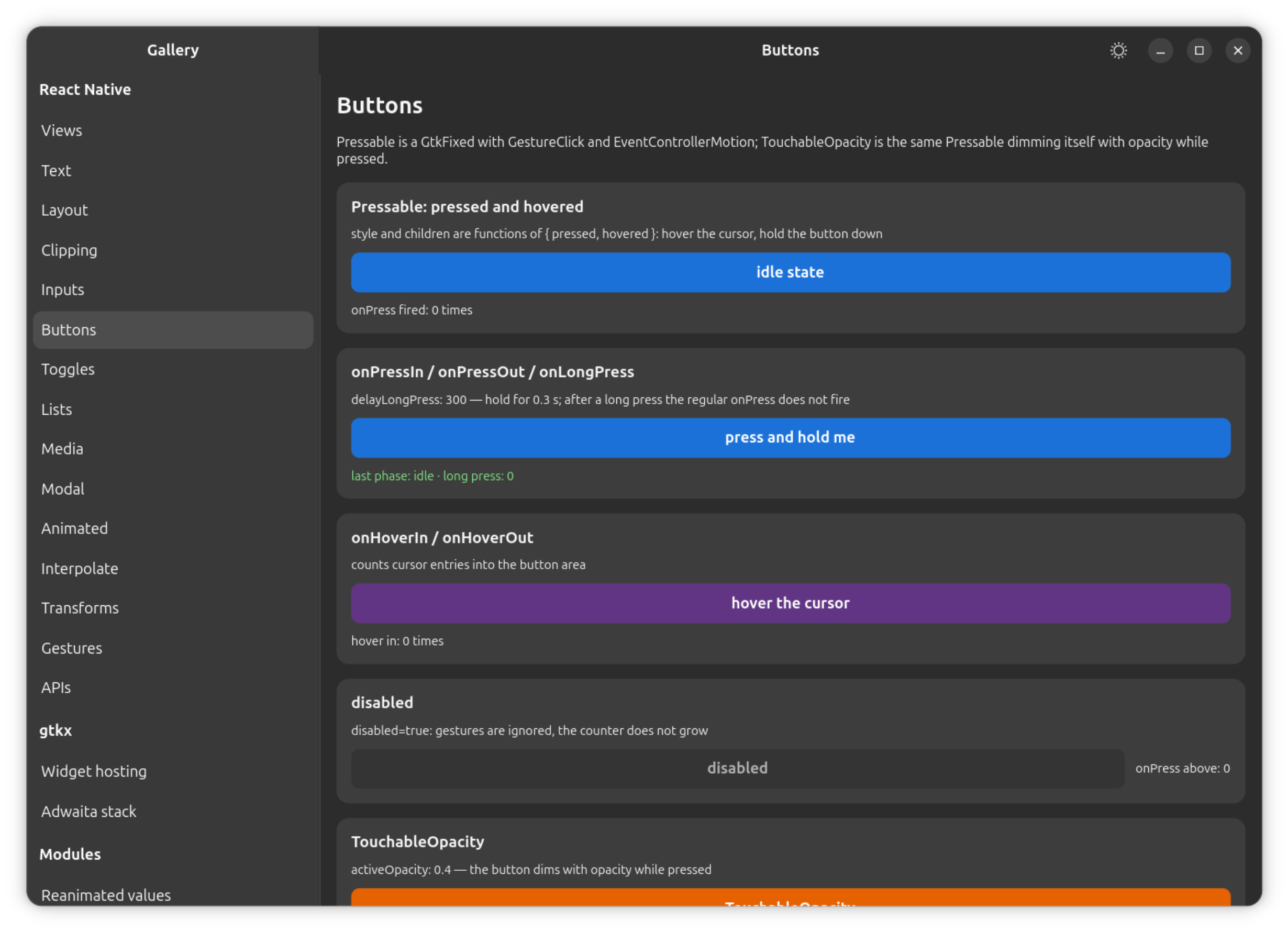 The gallery's Buttons section: Pressable's pressed/hovered states, onLongPress, onHoverIn/Out and a disabled button.