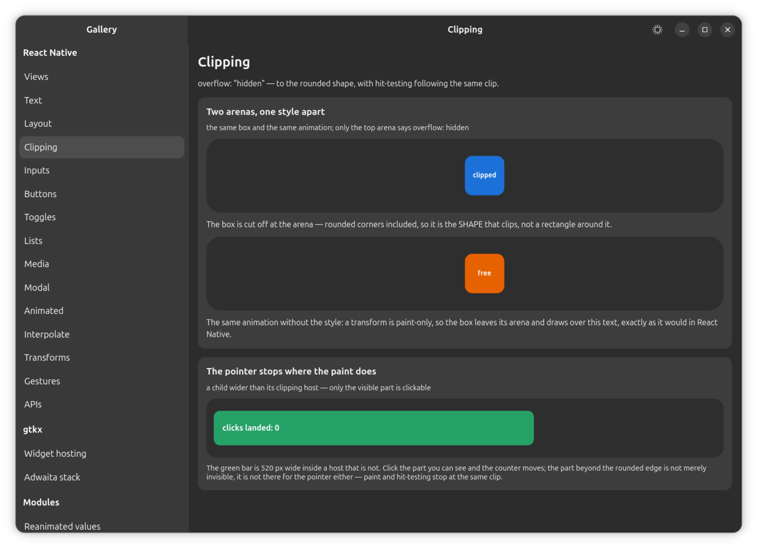 The gallery's Clipping section: overflow: "hidden" cutting a View to its rounded shape, with hit-testing stopping at the same clip.