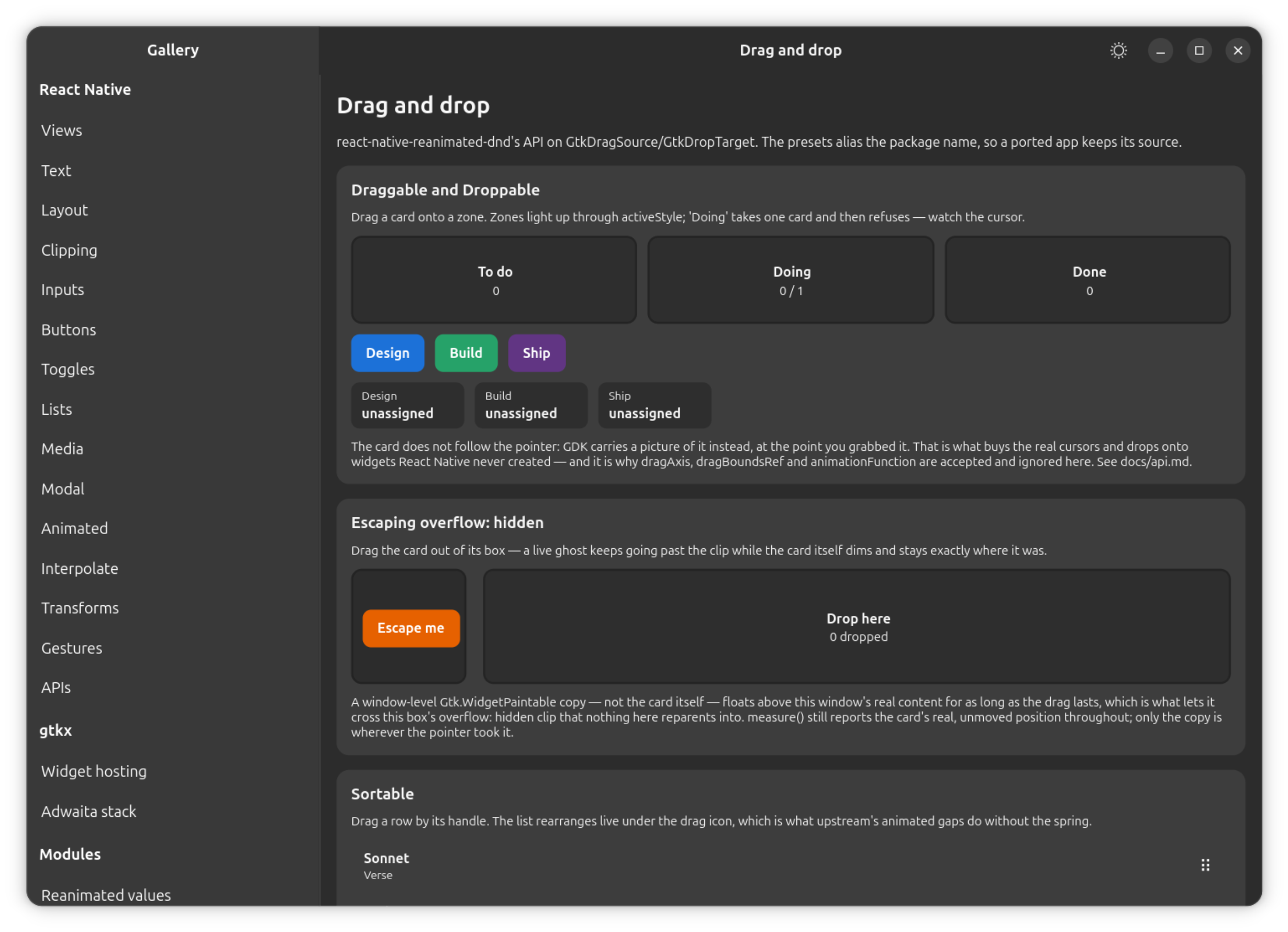 The gallery's Drag and drop section: Draggable cards over Droppable zones, a drag escaping an overflow: hidden ancestor, and a Sortable list.
