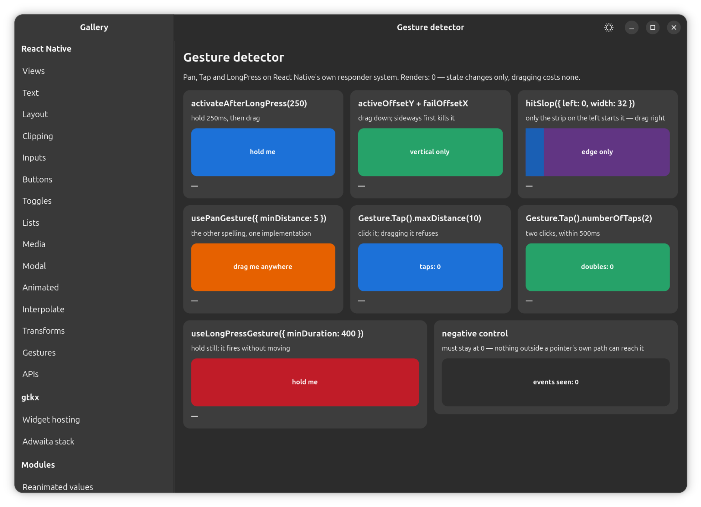 The gallery's Gesture detector section: Pan, Tap and LongPress recognizers configured with activateAfterLongPress, activeOffset/failOffset, hitSlop and numberOfTaps.
