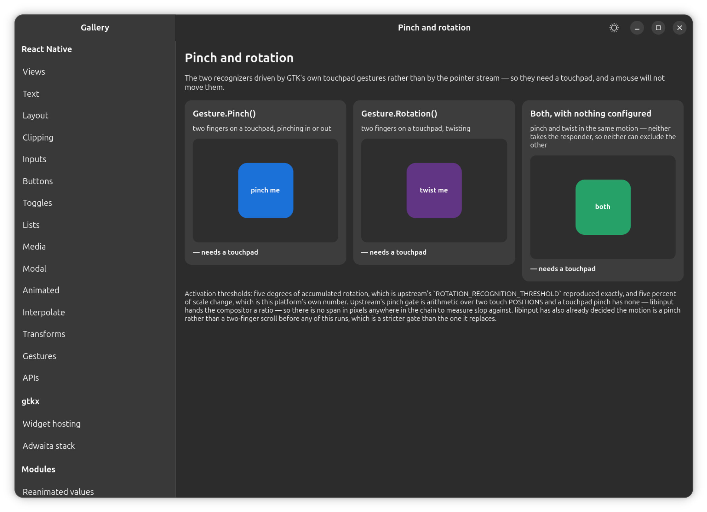 The gallery's Pinch and rotation section: Gesture.Pinch() and Gesture.Rotation(), both driven by a touchpad.
