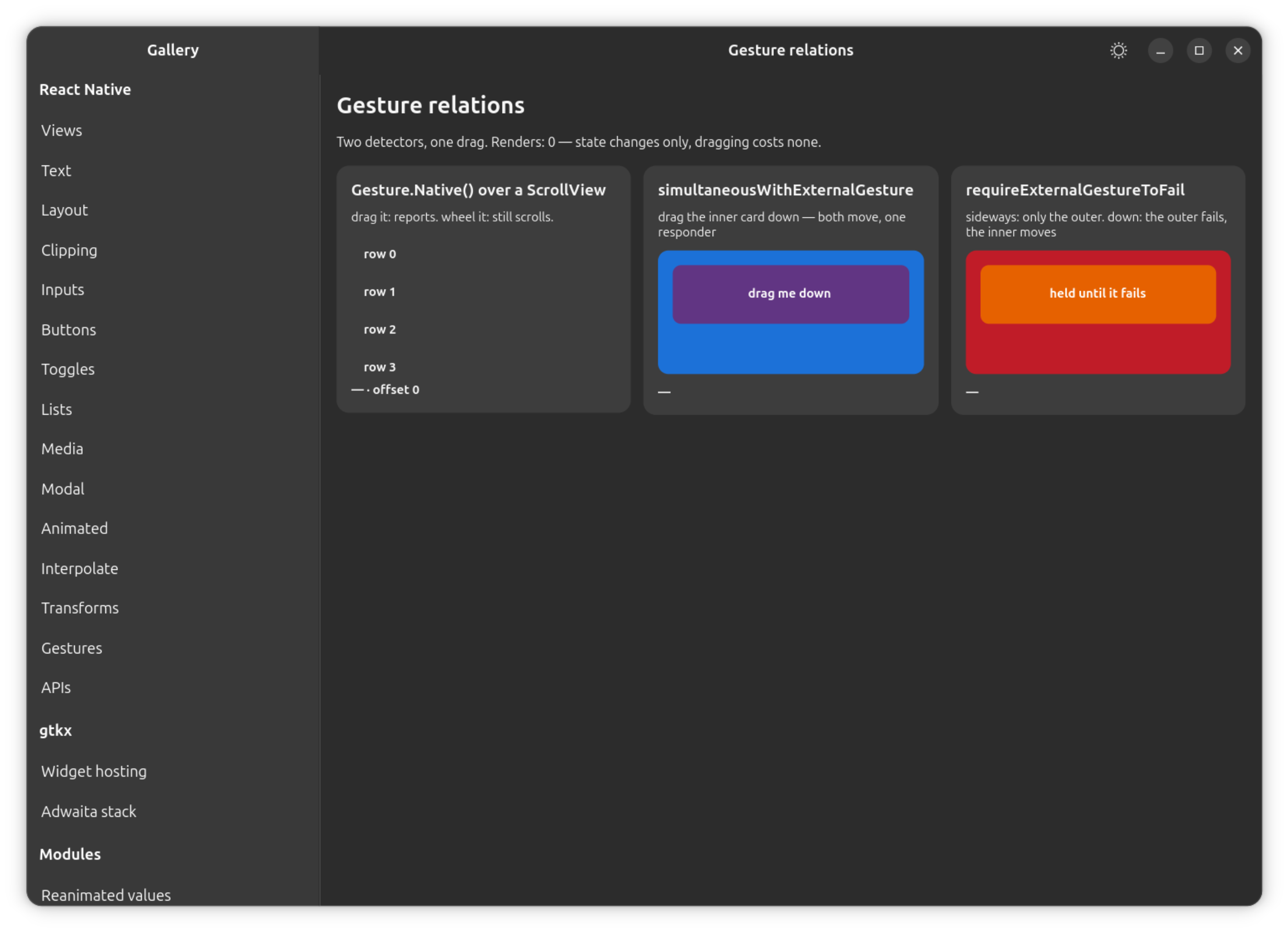 The gallery's Gesture relations section: Gesture.Native() over a ScrollView, simultaneousWithExternalGesture, and requireExternalGestureToFail.