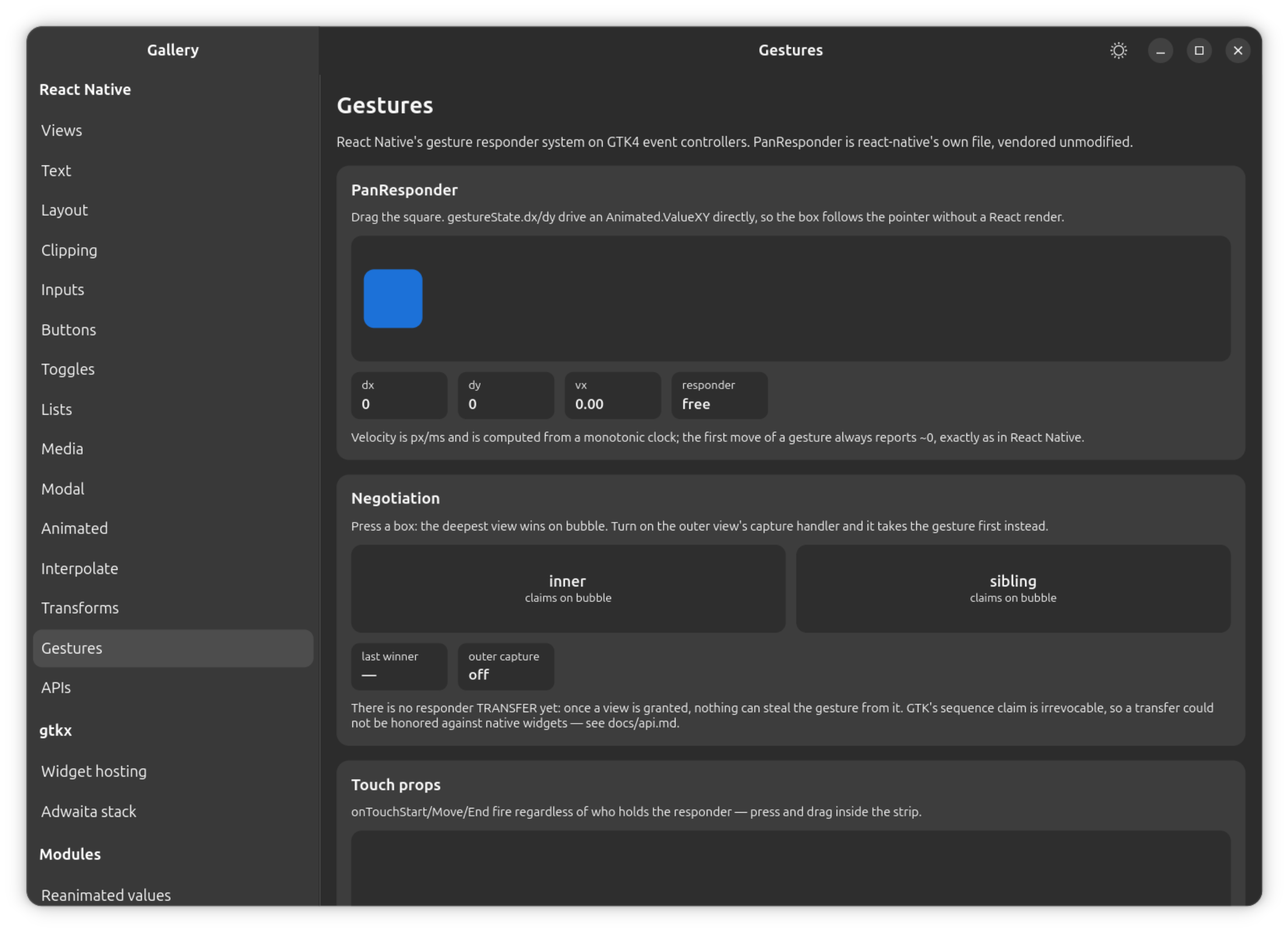 The gallery's Gestures section: a PanResponder-driven drag, and the inner/sibling responder-negotiation demo.