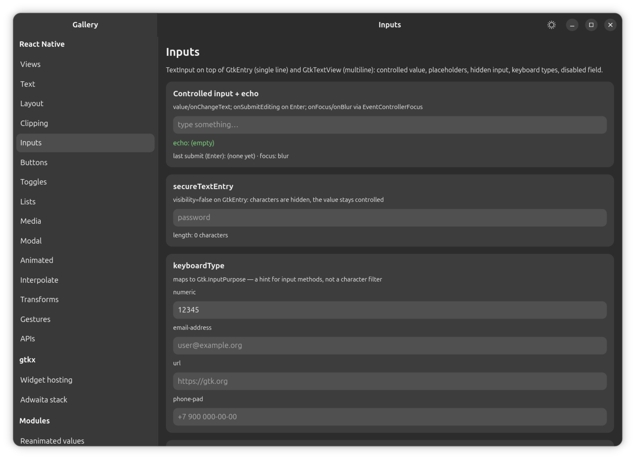 The gallery's Inputs section: a controlled TextInput, secureTextEntry, and keyboardType hints (numeric, email-address, url, phone-pad).