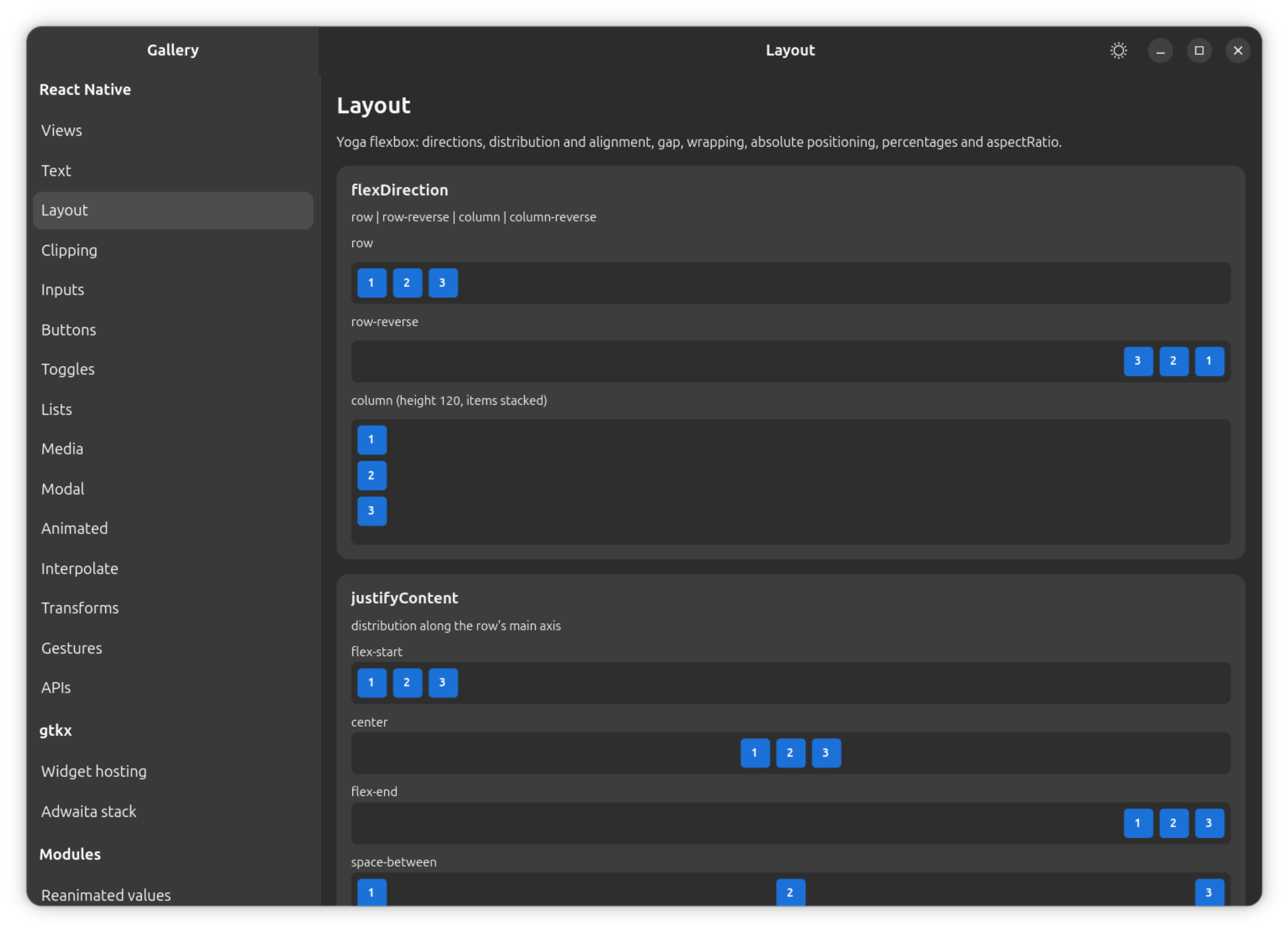 The gallery's Layout section: flexDirection, justifyContent and alignItems arranging boxes under Yoga.