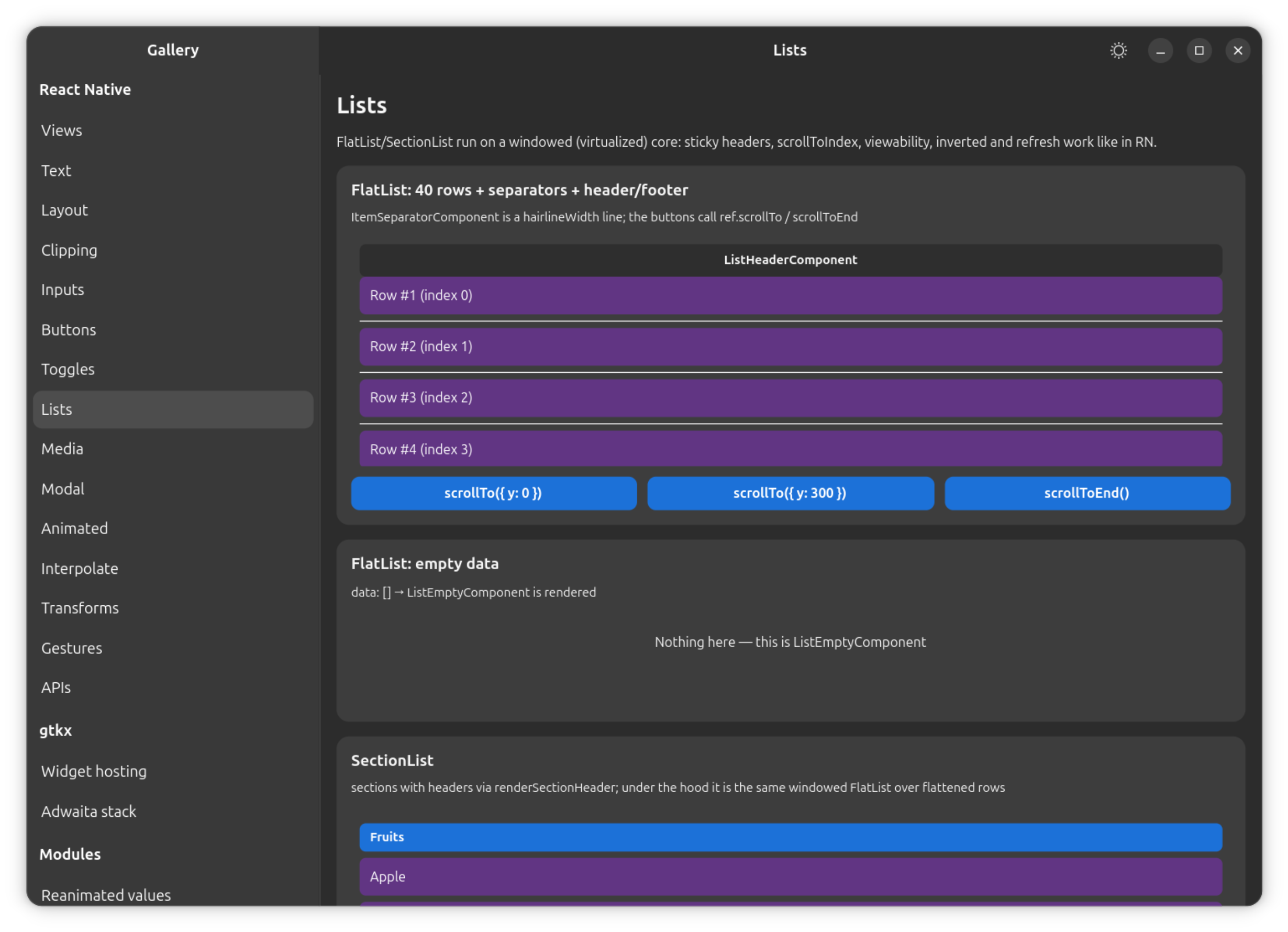 The gallery's Lists section: a FlatList with a ListHeaderComponent, item separators and a SectionList with sticky section headers.
