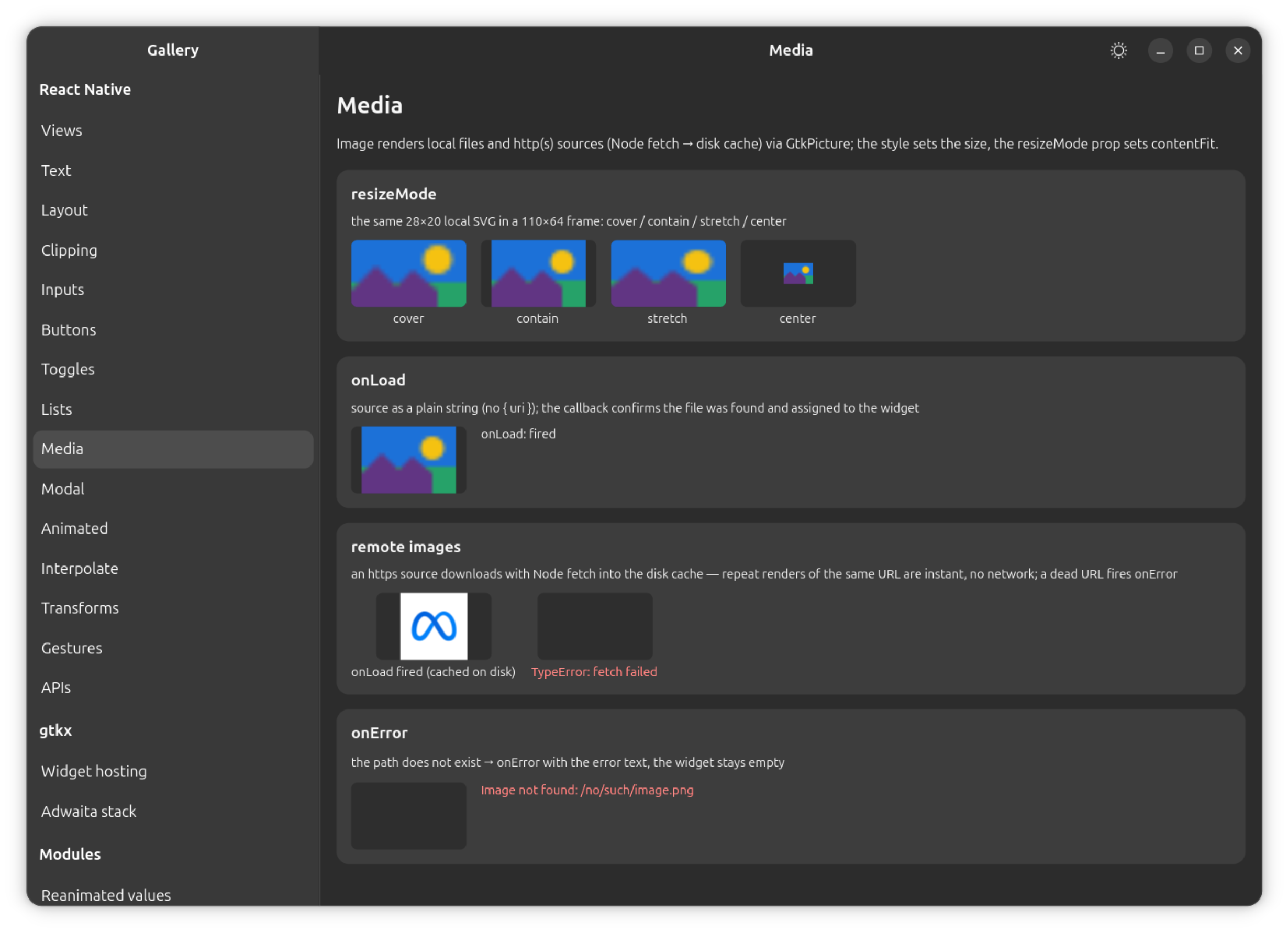 The gallery's Media section: an Image's resizeMode (cover/contain/stretch/center), a local-file onLoad, and a remote http(s) source with its onError fallback.