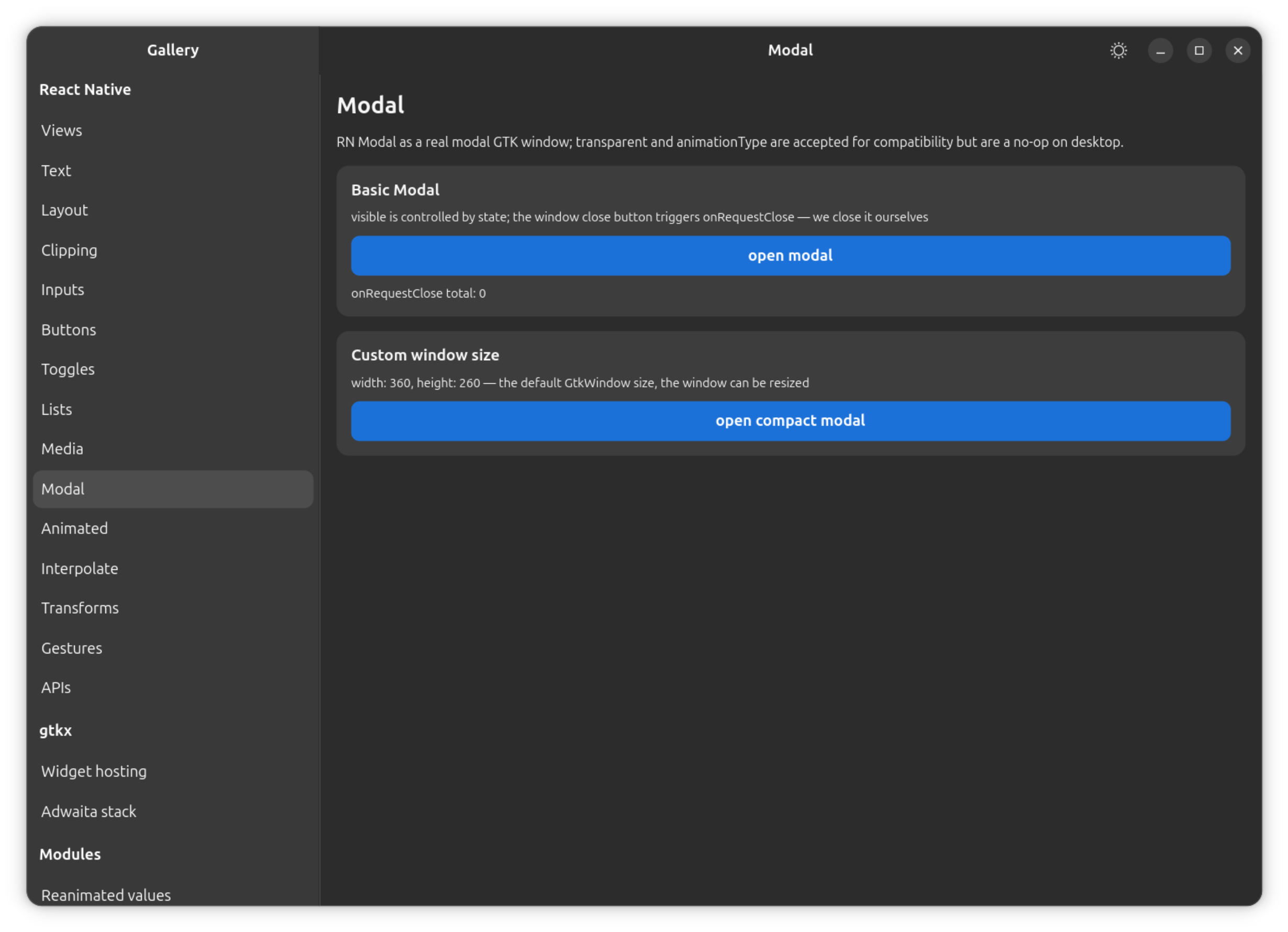 The gallery's Modal section: a basic Modal and one opened at a custom window size.