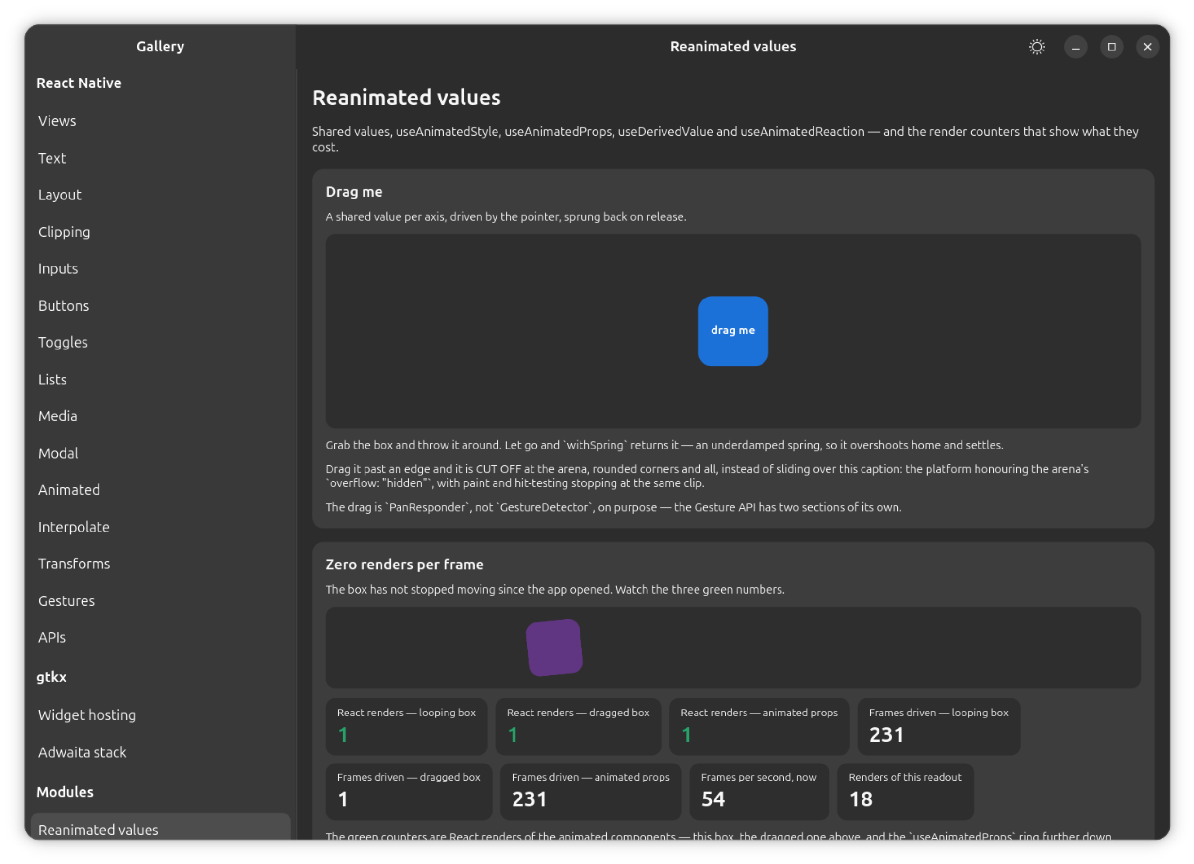 The gallery's Reanimated values section: a shared value dragged and sprung back, with the render counters proving zero React renders per frame.
