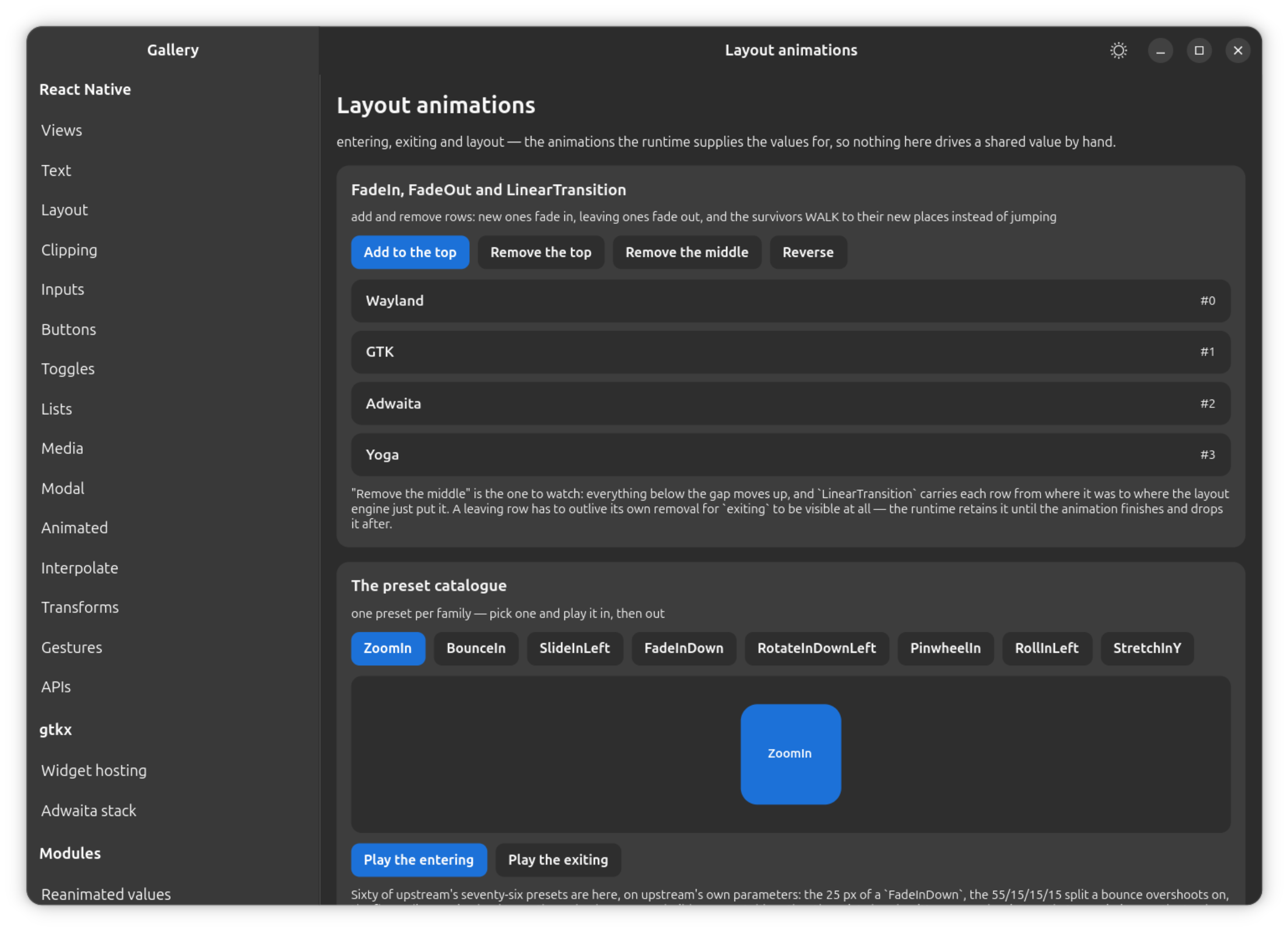 The gallery's Layout animations section: FadeIn/FadeOut/LinearTransition reordering rows, and the layout-animation preset catalog.