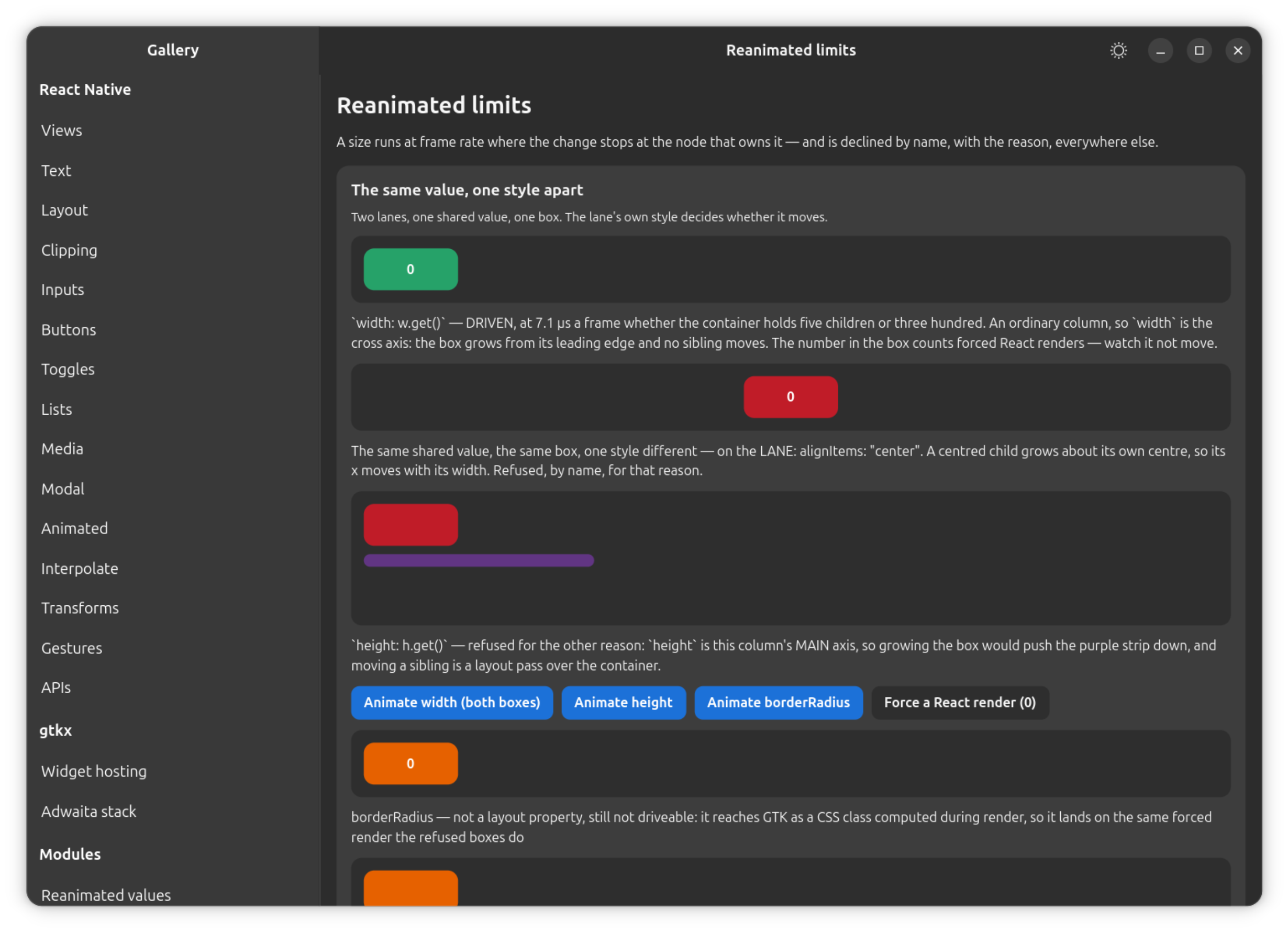The gallery's Reanimated limits section: a driven width next to a refused one, showing exactly where useAnimatedStyle stops driving a layout property at frame rate.
