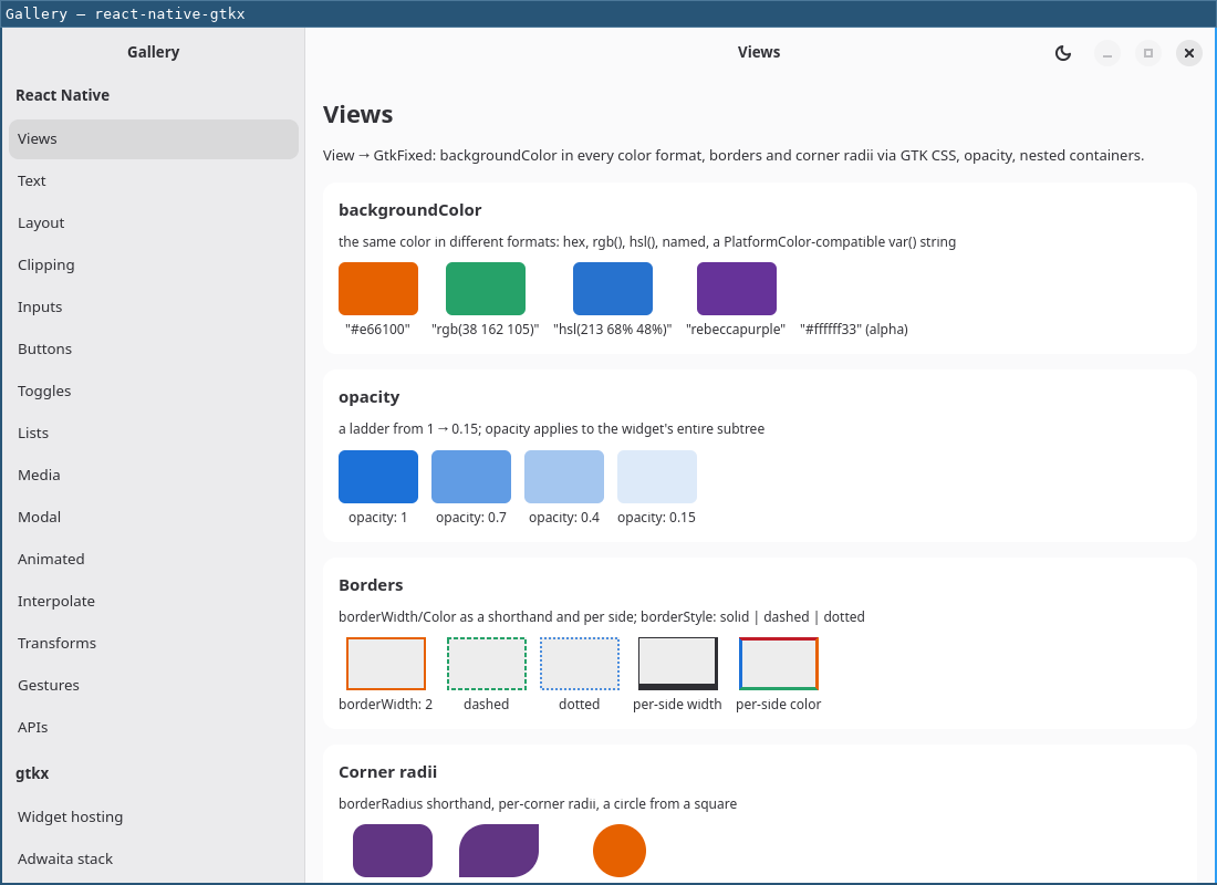 The gallery sidebar, light theme: a "React Native" section header above Views, Text, Layout, Clipping and the rest, then a "gtkx" header above Widget hosting and Adwaita stack.