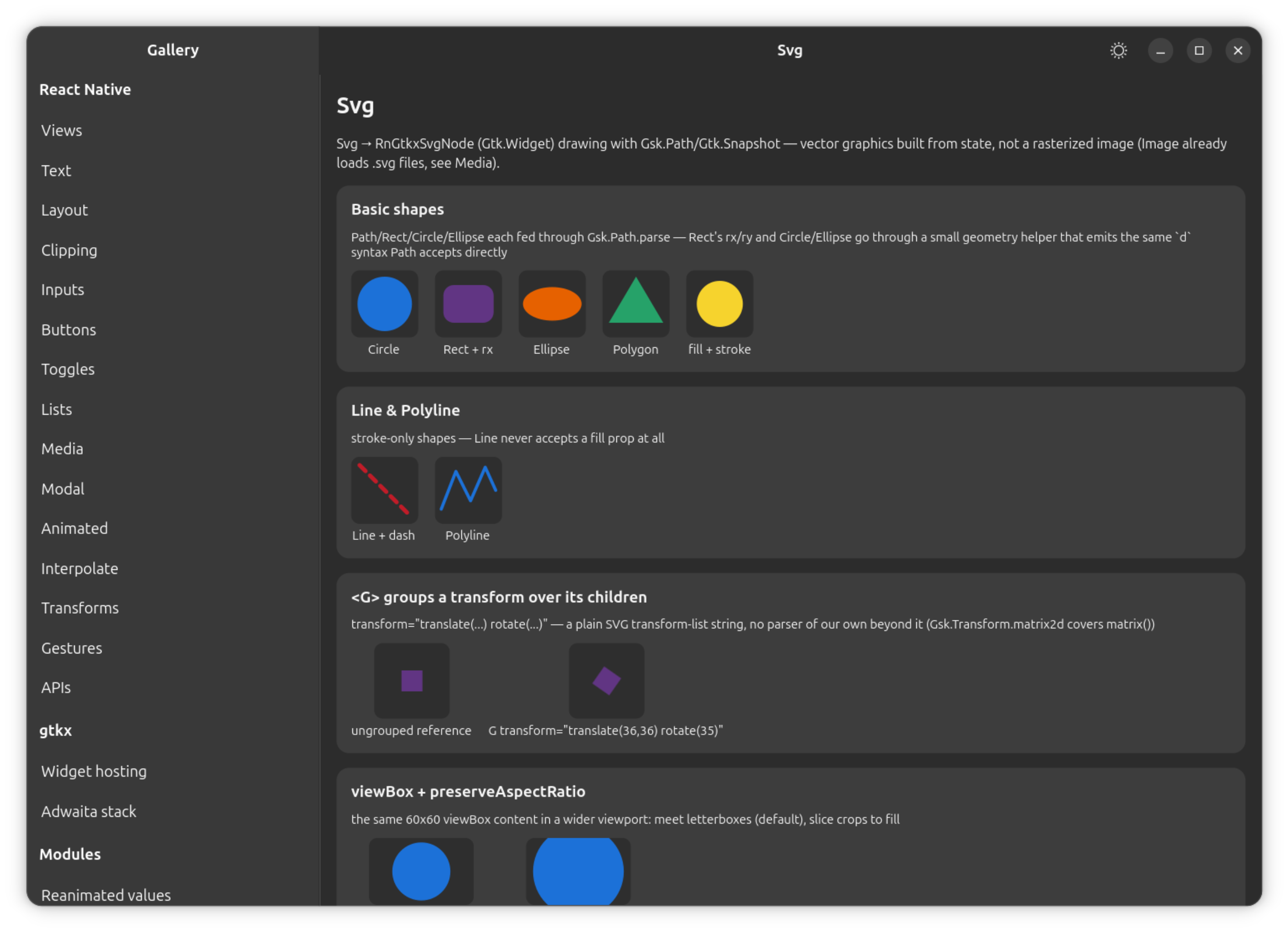 The gallery's Svg section: Path/Rect/Circle/Ellipse/Polygon shapes, Line/Polyline strokes, and a G transform group.