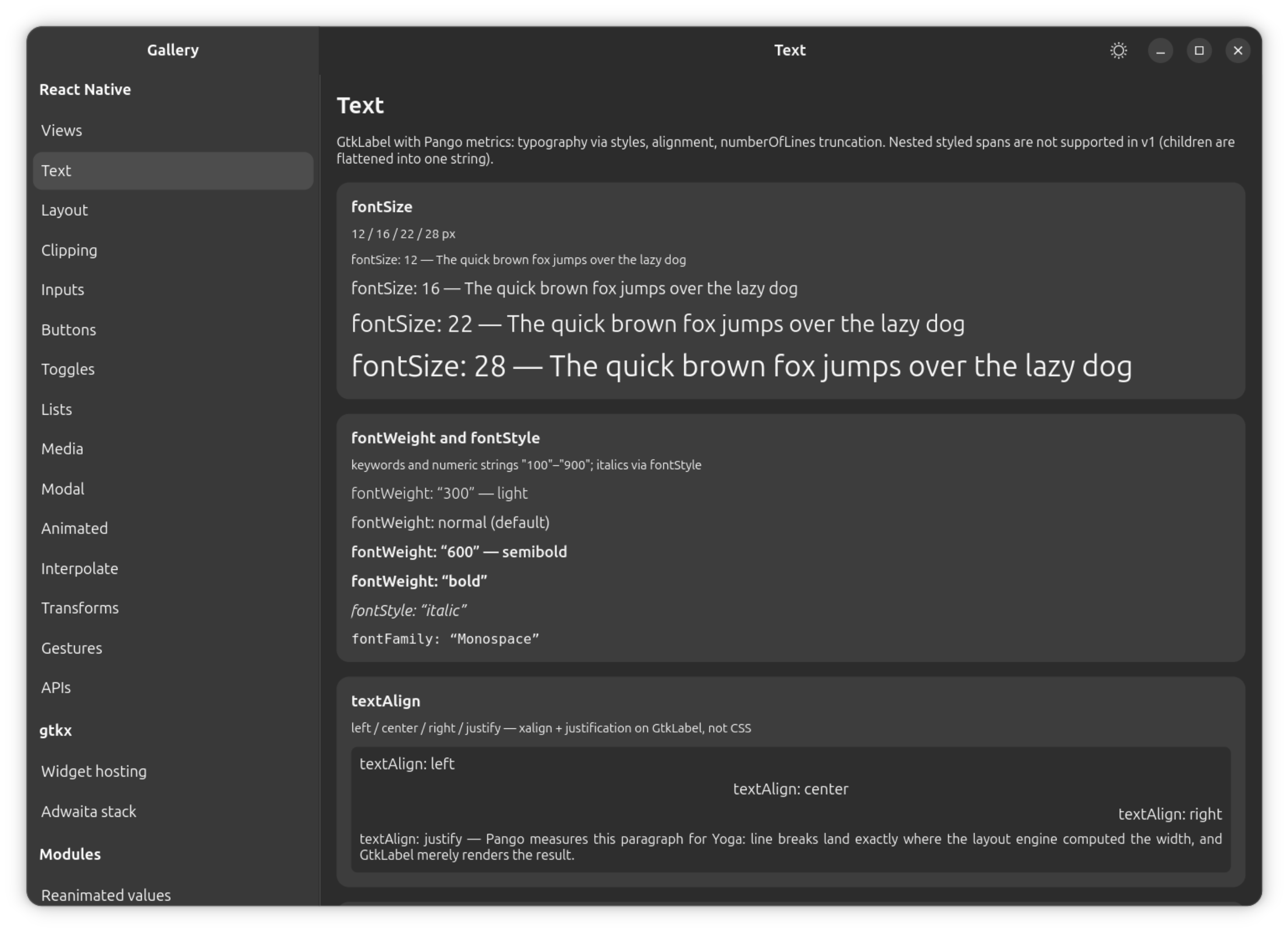 The gallery's Text section: fontSize/fontWeight/fontStyle variants and textAlign (left/center/right/justify) on a Text label.