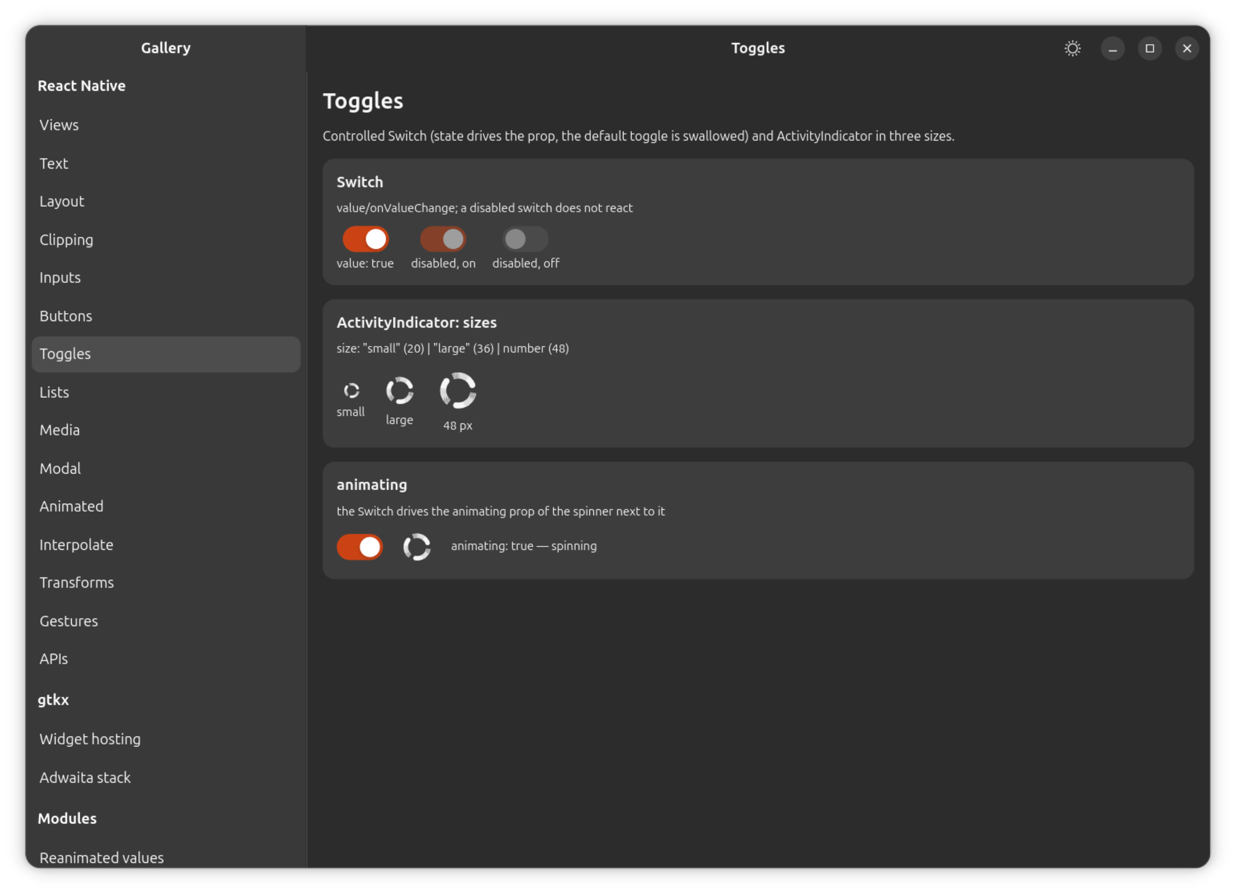 The gallery's Toggles section: a controlled Switch and ActivityIndicator in three sizes.