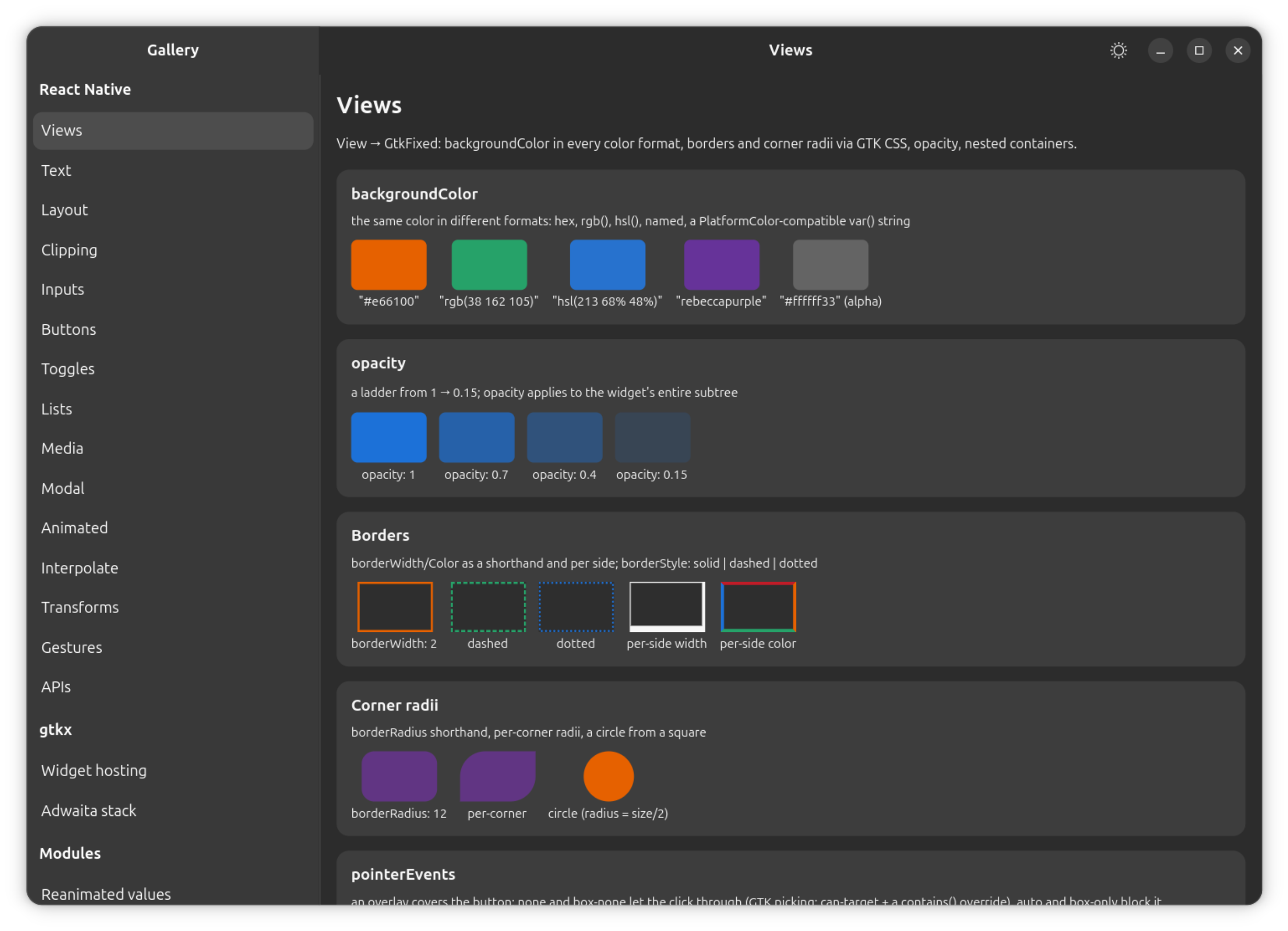 The gallery's Views section: backgroundColor in five formats, an opacity ladder, per-side borders and corner radii on a View.